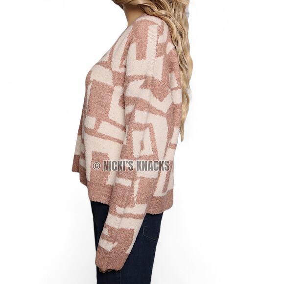 Debut Geometric Tan Cream Cropped Button Front Knit Sweater Cardigan Size M - Picture 5 of 11